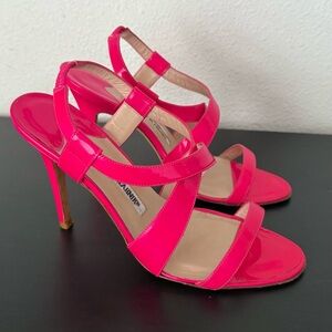 Manolo Blahnik Hot Pink Patent Leather Strappy Sandals Heels